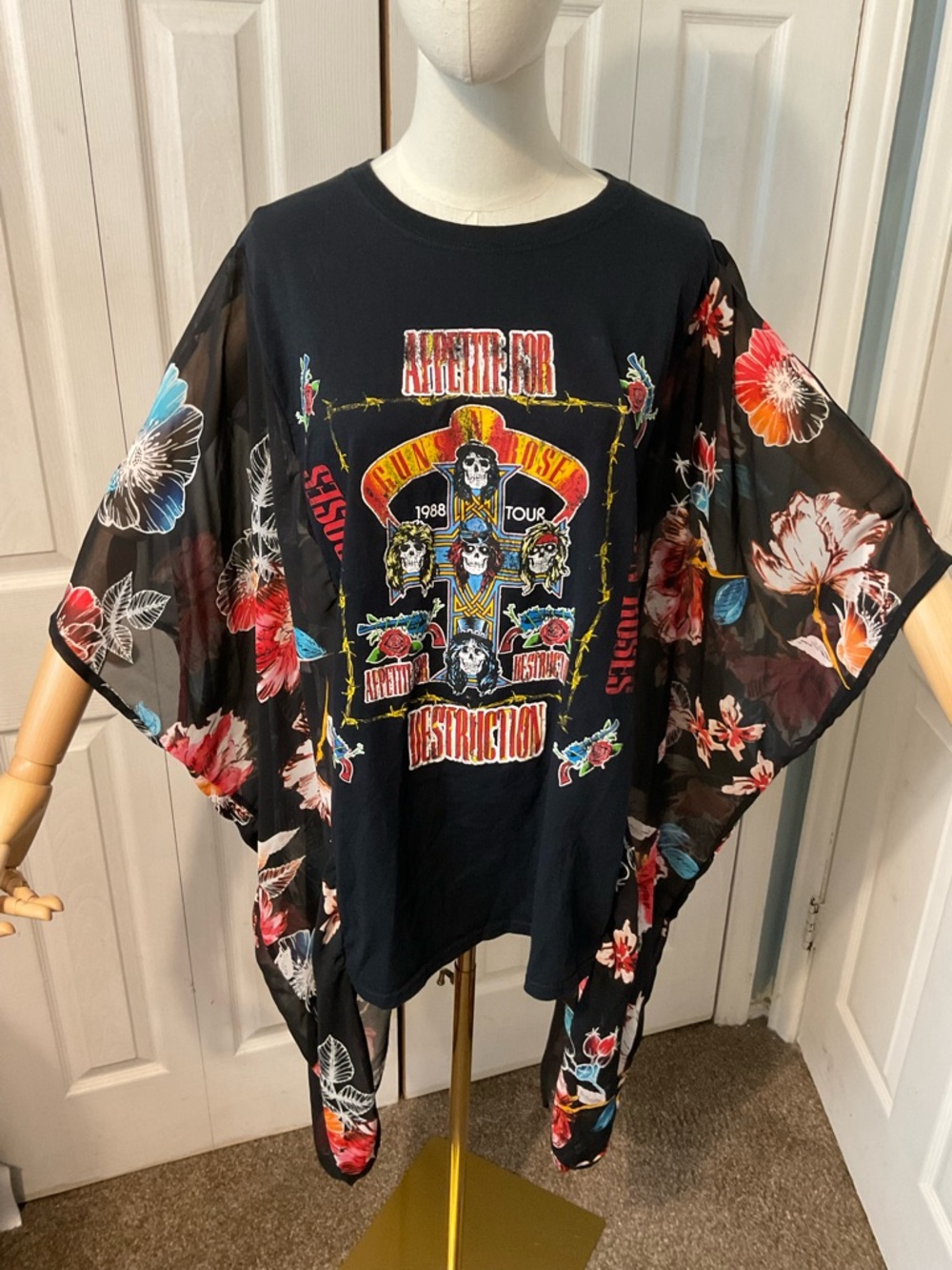 Guns N' Roses Upcycled Graphic T-Shirt with Flowy Floral Sleeves - OSFM